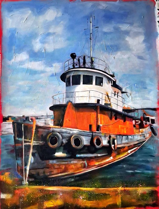 Tug in Harbour — painting by Andy Rodmell
